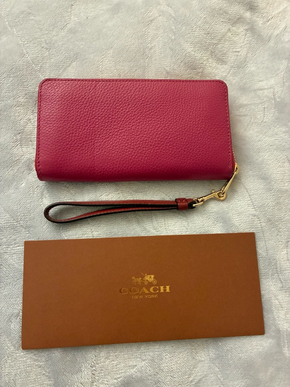 Coach Horse & Carriage Pebbled Leather Colorblock Long Zip Wallet, Red/Pink - Picture 2 of 9